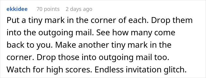 Text comment about using tiny marks in corners to track misdelivered fancy wedding invites causing endless invitation glitch.