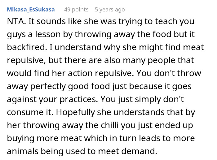 Comment discussing a vegan teen made to cook meat to teach a lesson about wasting food and related reactions.