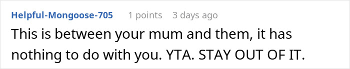 Comment about family conflict over financial support, highlighting themes of greedy and entitled expectations.