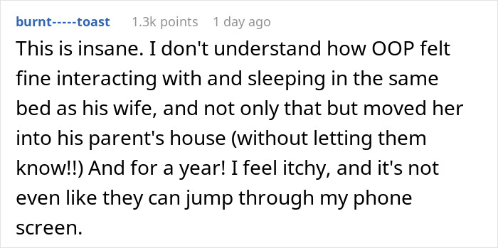 User comment discussing discomfort and confusion about husband living with wife infested with lice for months.