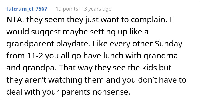 Comment suggesting grandparent playdates as a solution to issues with parents babysitting kids and related complaints.