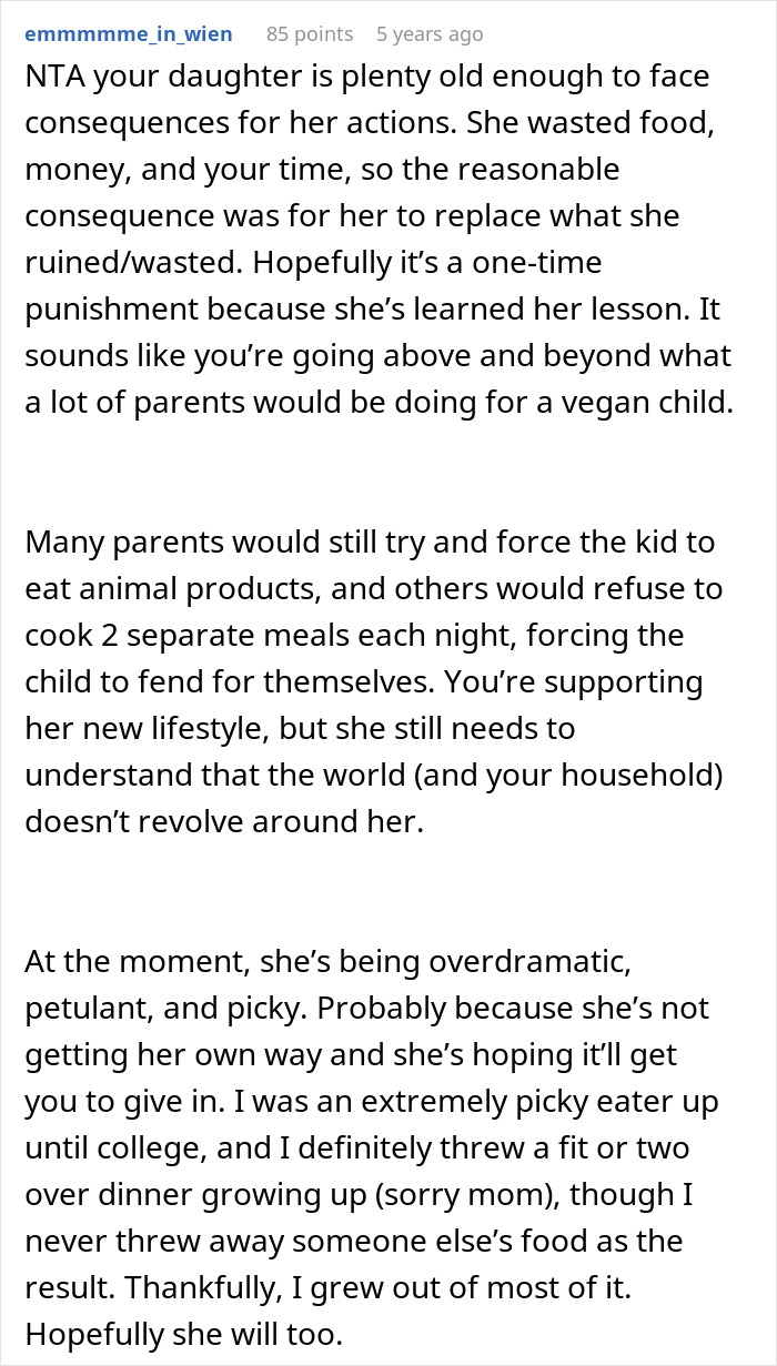 Commenter discussing a mom making vegan teen cook meat to teach a lesson about wasting food and responsibility.