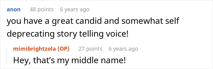 Screenshot of a social media conversation about a candid and self-deprecating storytelling voice.