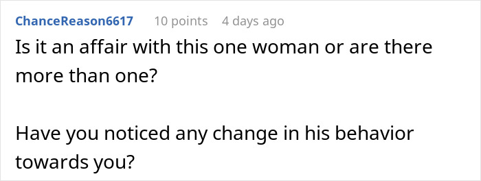 Screenshot of an online comment asking about a woman's experience with a husband&rsquo;s mistress and behavior changes.