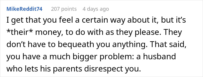 Reddit comment discussing a husband's parents refusing to gift money and the husband's disrespect towards his wife.