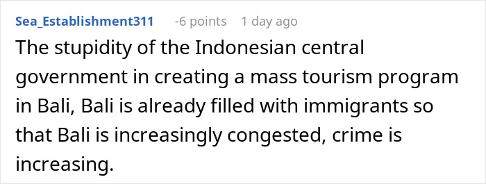 Screenshot of a forum comment discussing increasing crime and congestion in Bali amid mass tourism concerns.