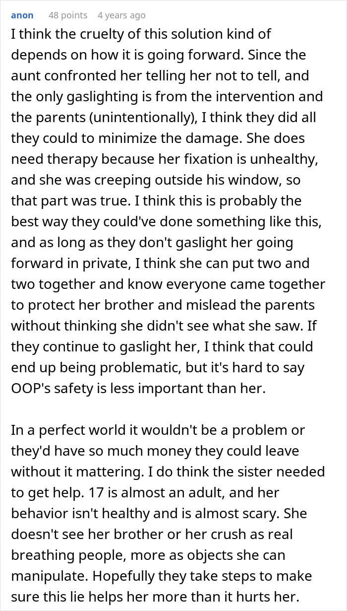 Commenter discussing a sister catching her brother with secret boyfriend and the ensuing family dynamics and concerns.