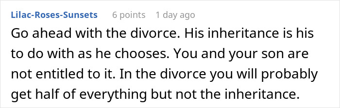 Comment discussing a husband lying about inheritance and the wife left with nothing after divorce.
