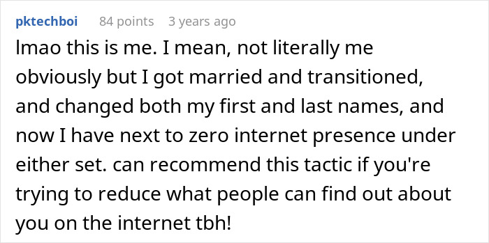 Alt text: Person sharing how they transitioned and changed names to reduce internet presence after random meeting with teenage ex now living as a man in US