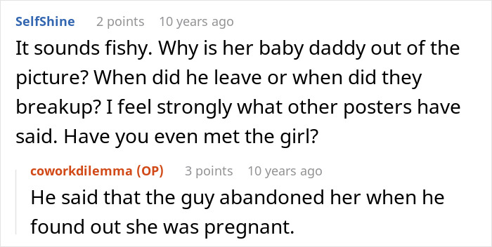 Commenters discuss coworker pregnancy and relationship issues, debating the true reason behind the baby daddy's absence.