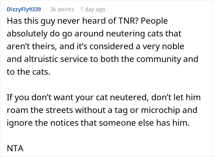 Comment discussing neutering neighbor cat stray through TNR as a noble and altruistic service benefiting community and cats.