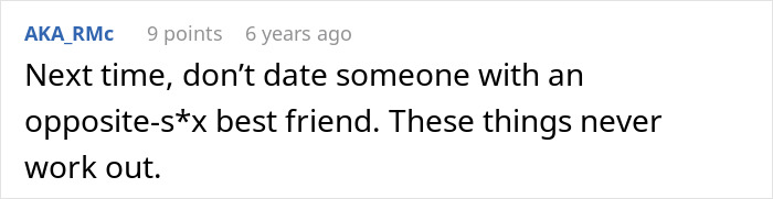 Screenshot of a comment warning about dating someone with an opposite-s*x best friend and relationship challenges.