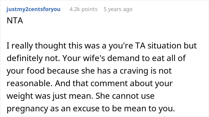Reddit comment discussing a pregnant wife&rsquo;s cruel comment that deeply hurts her husband&rsquo;s feelings.