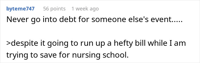Screenshot of an online comment about financial stress, reflecting issues in bride&rsquo;s obsession with control before wedding.