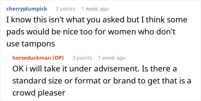 Reddit user discusses stashing Midol and tampons in bathroom for friends, sparking drama over virtue signaling.