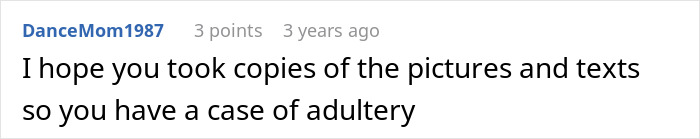 Screenshot of a forum post where a user advises keeping copies of pictures and texts as evidence of adultery.
