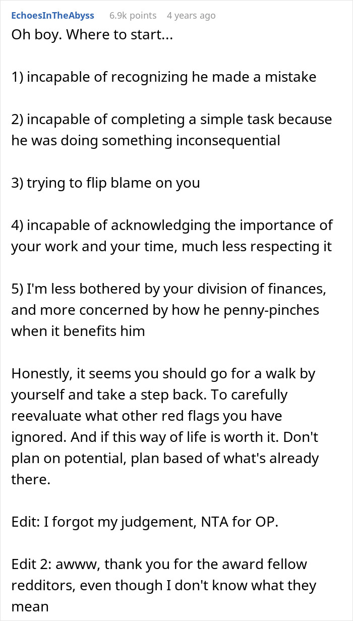 Refusing to pay husband after burnt steak cooked, highlighting frustration and blaming in relationship dynamics.