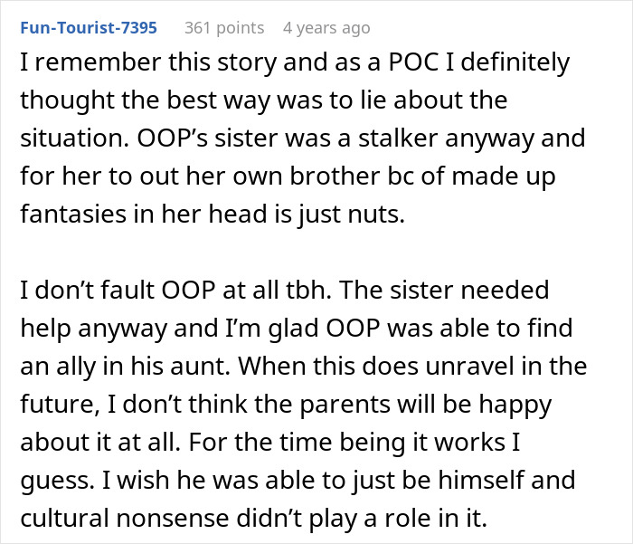 Reddit comment discussing a guy&rsquo;s sister confronting him about his secret boyfriend and demanding to date him instead.