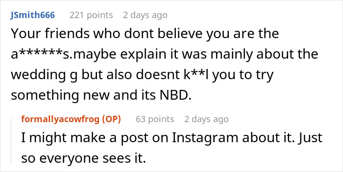 Screenshot of a Reddit conversation discussing a woman who buzzed her hair after a friend&rsquo;s wedding and others' reactions.