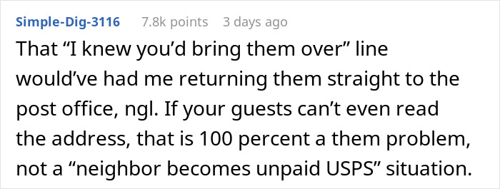 Text commentary on couple&rsquo;s fancy wedding invites being misdelivered and bride expecting neighbor to deliver them.