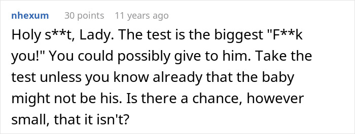 Comment discussing a secret paternity test and doubts about a newborn baby's biological father.