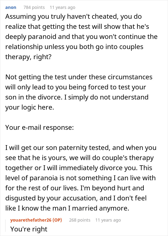 Comment discussing a man ordering a secret paternity test for his newborn baby and confronting his wife about it.