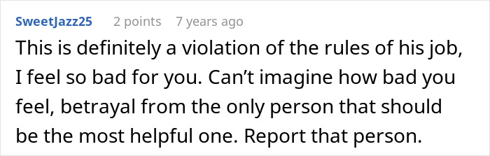 Comment expressing sympathy for a woman confused about coworkers knowing personal information, suggesting betrayal by her therapist.