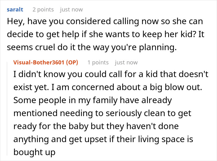 Reddit conversation about a mom and pregnant daughter living in squalor, with concerns of calling CPS after birth.