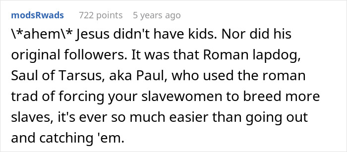 Screenshot of a Reddit comment discussing historical views on forced breeding related to delusional parents and family sacrifice.