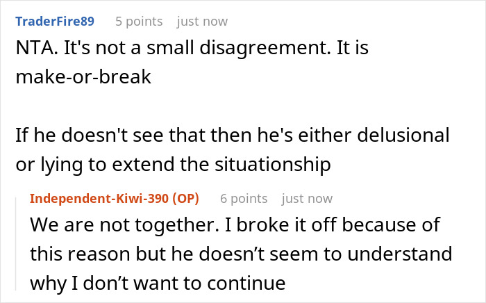 Reddit conversation showing a woman explaining her boyfriend demands a veto on her medical procedure to keep fatherhood dreams alive.