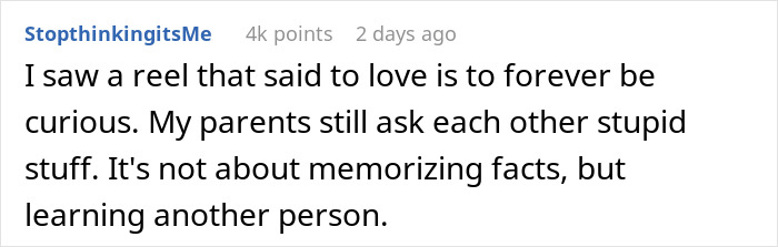 Screenshot of a Reddit comment about love, curiosity, and learning about another person beyond memorizing facts.