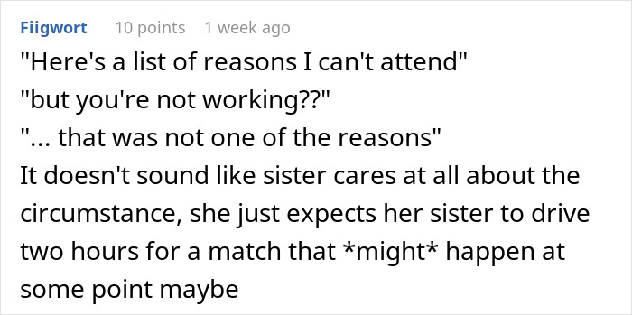 Comment discussing sister&rsquo;s rage after lady skips nephew&rsquo;s uncertain boxing match to care for her dogs, highlighting family conflict.
