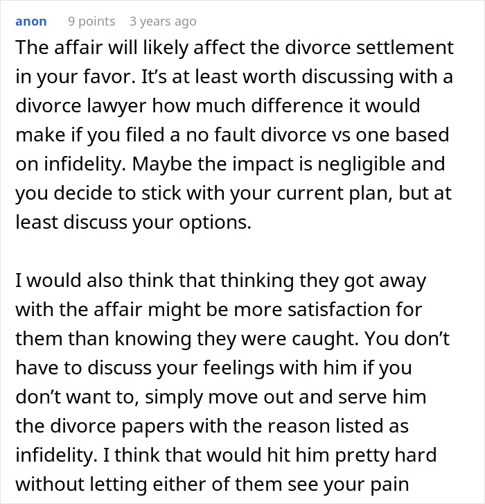 Text advice on navigating divorce settlement and infidelity impact after uncovering husband&rsquo;s affair in a relationship.