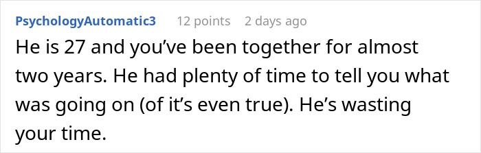 Screenshot of a forum comment discussing a woman&rsquo;s shock after discovering her boyfriend&rsquo;s double life and emotional turmoil.