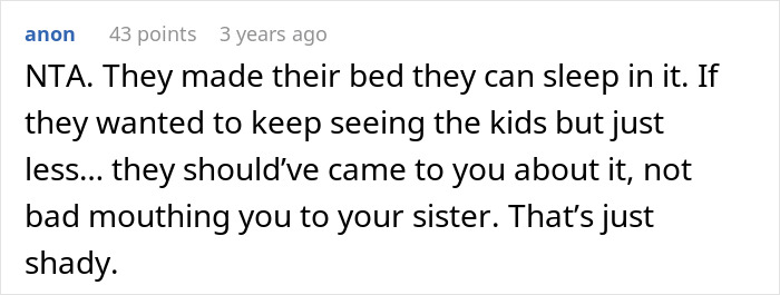 Comment discussing a dad stopping his parents from babysitting after hearing their true thoughts about it.