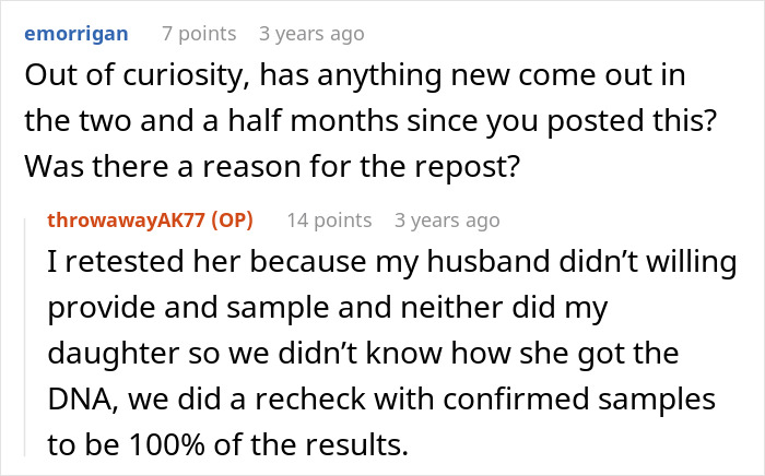 Screenshot of a Reddit conversation discussing secretly DNA testing a grandkid and confirming results with reliable samples.
