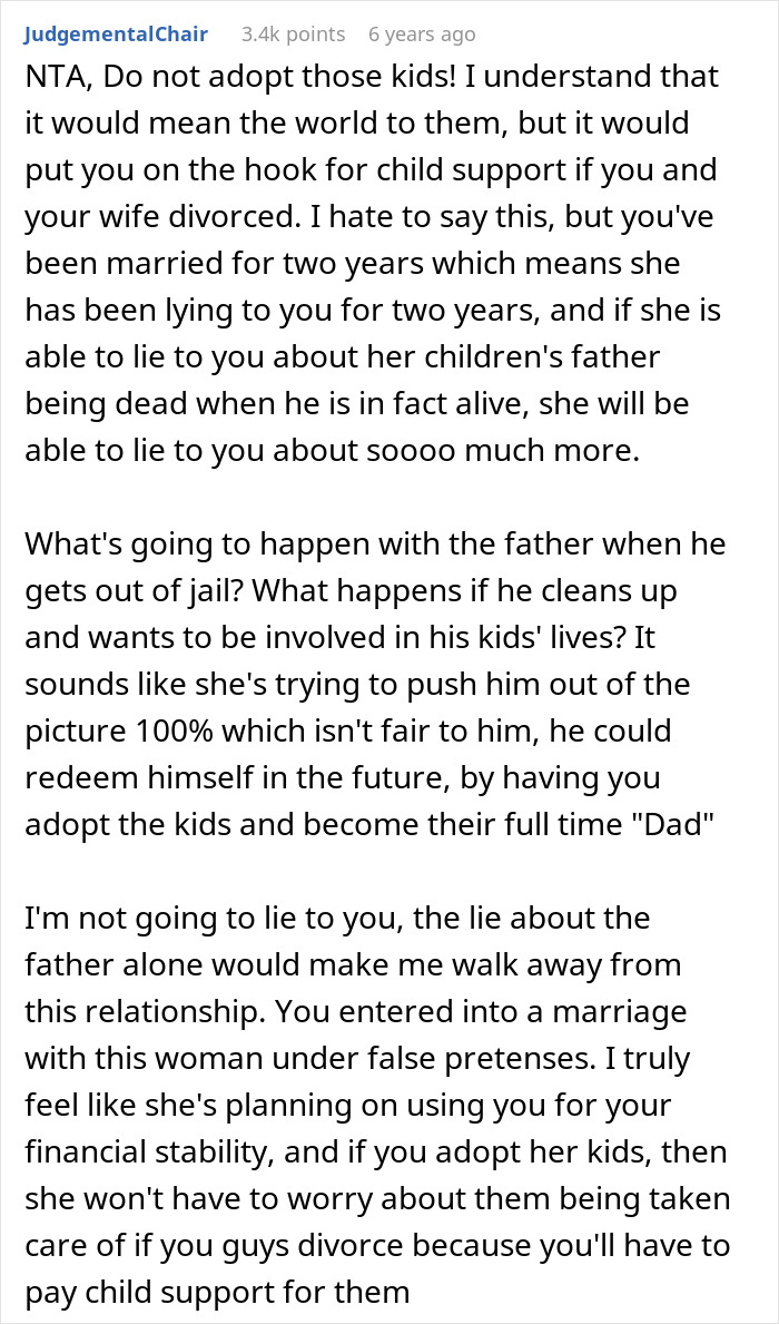 Man refuses to adopt wife&rsquo;s kids after spying and discovering lies about their father and his involvement.