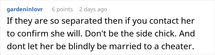 Screenshot of an online comment warning about a boyfriend&rsquo;s double life and advising against being the other woman.