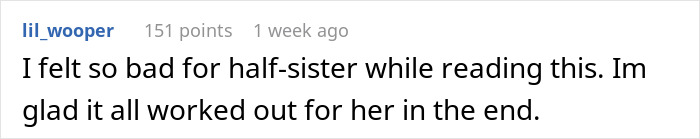 Screenshot of a forum comment expressing sympathy for a half-sister in a family conflict involving a wedding regret.