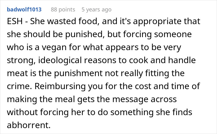 Reddit comment discussing a vegan teen forced to cook meat as a lesson about wasting food and punishment appropriateness.