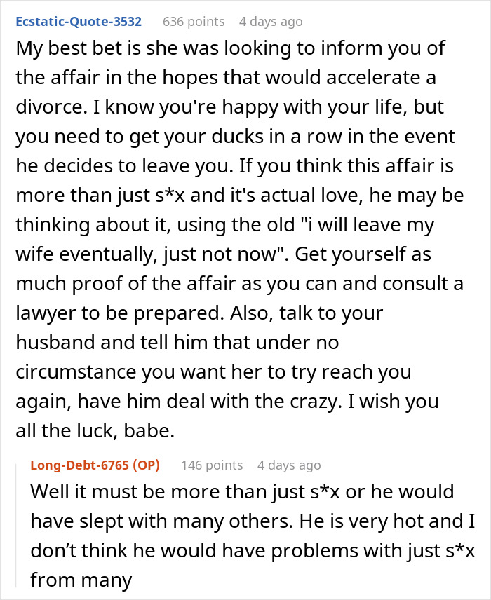 Woman tries to ignore husband&rsquo;s mistress contacting her, facing emotional struggle and seeking advice on handling the affair.