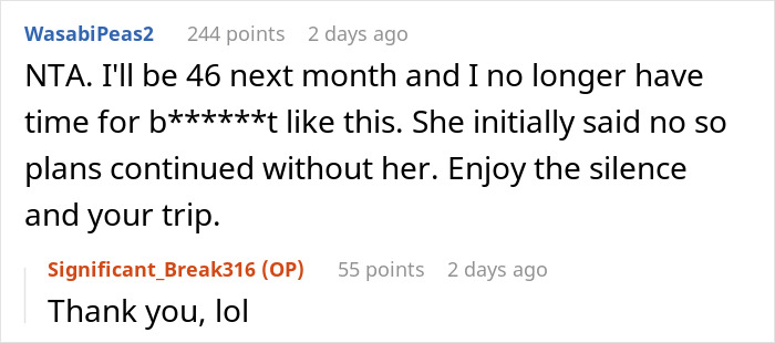 Screenshot of an online comment discussing a woman furious her friends don&rsquo;t want to share a room on vacation.