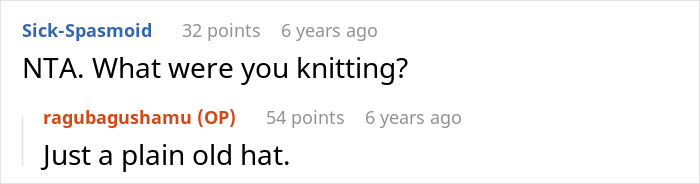 Reddit conversation screenshot showing user asking about knitting and original poster replying about making a plain old hat, breaking family tradition getting dog.