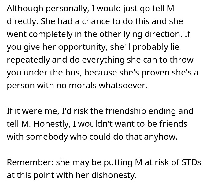 Text discussing a cheater hiding a one night stand from her boyfriend while a friend considers exposing her and uncovers a secret.