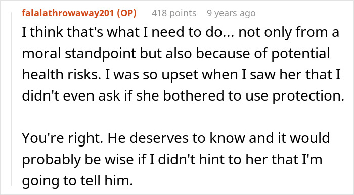 Online post discussing cheater hiding one night stand from boyfriend and friend threatening to expose a horrible secret.