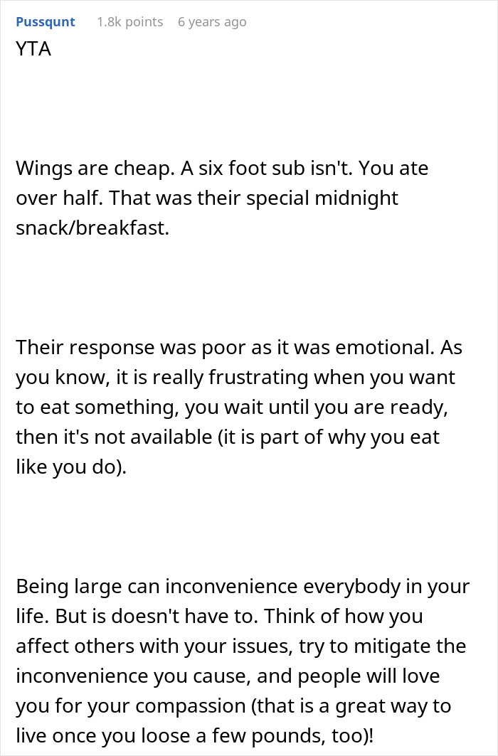 Commenter explaining frustration of eating a bigger share of a sandwich at a party and its social impact.