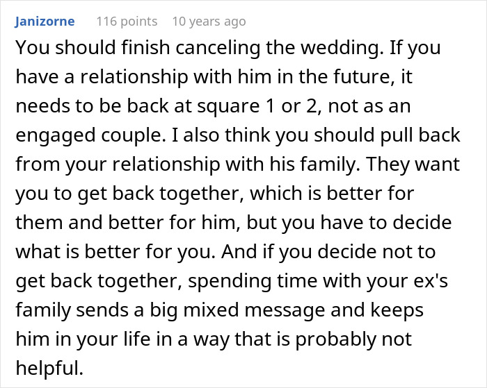 Comment advising to cancel the wedding and reconsider relationships after ditching fianc&eacute;e, expressing deep regret and mixed feelings.