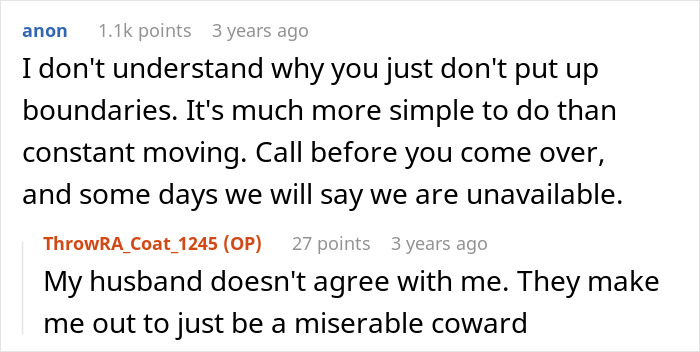 Reddit user comments discussing setting boundaries and family issues involving a woman moving to avoid in-laws. Reddit user comments discussing setting boundaries and family issues involving a woman moving to avoid in-laws.