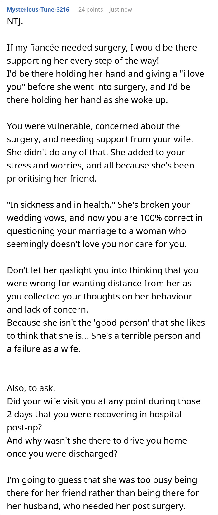 Comment text discussing wife missing hubby's surgery support to assist coworker going through divorce, causing him to leave.