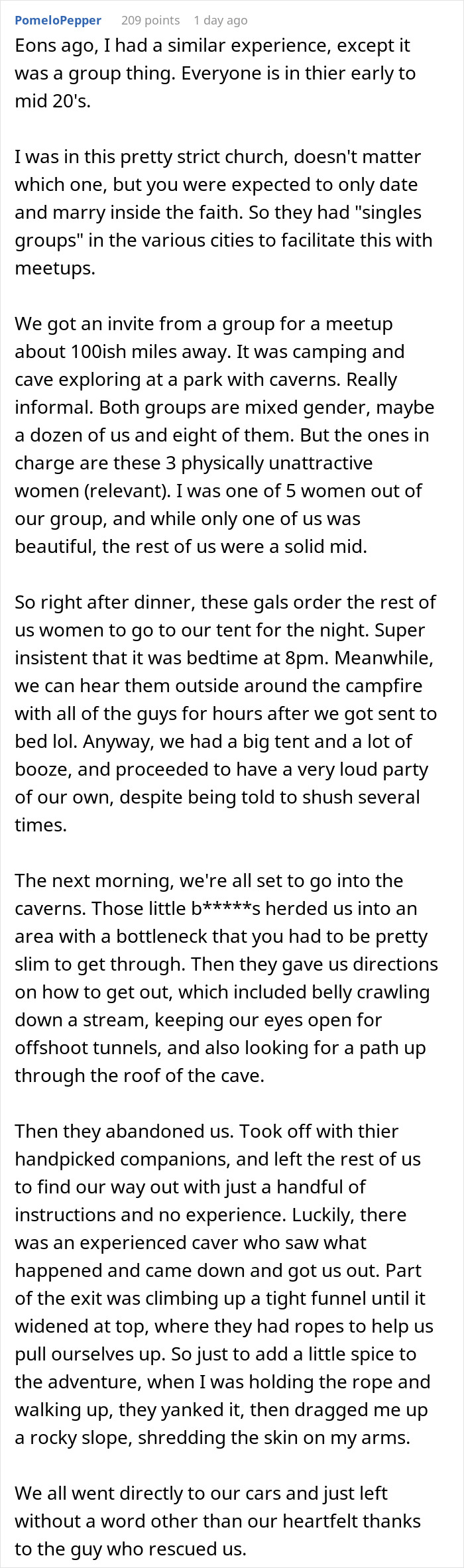 Text from a Reddit post describing men abandoning their partners during outdoor activities like caving and camping meetups.